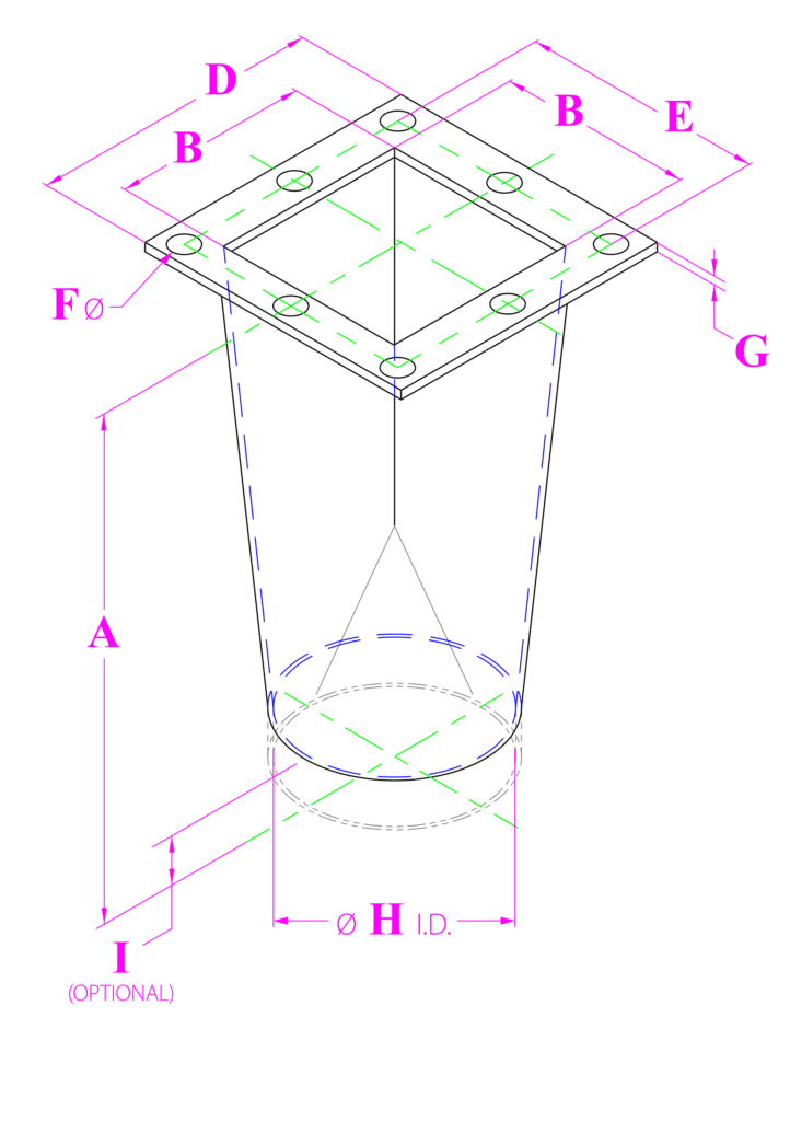 Diagram of square to round transition with square flange and stub end